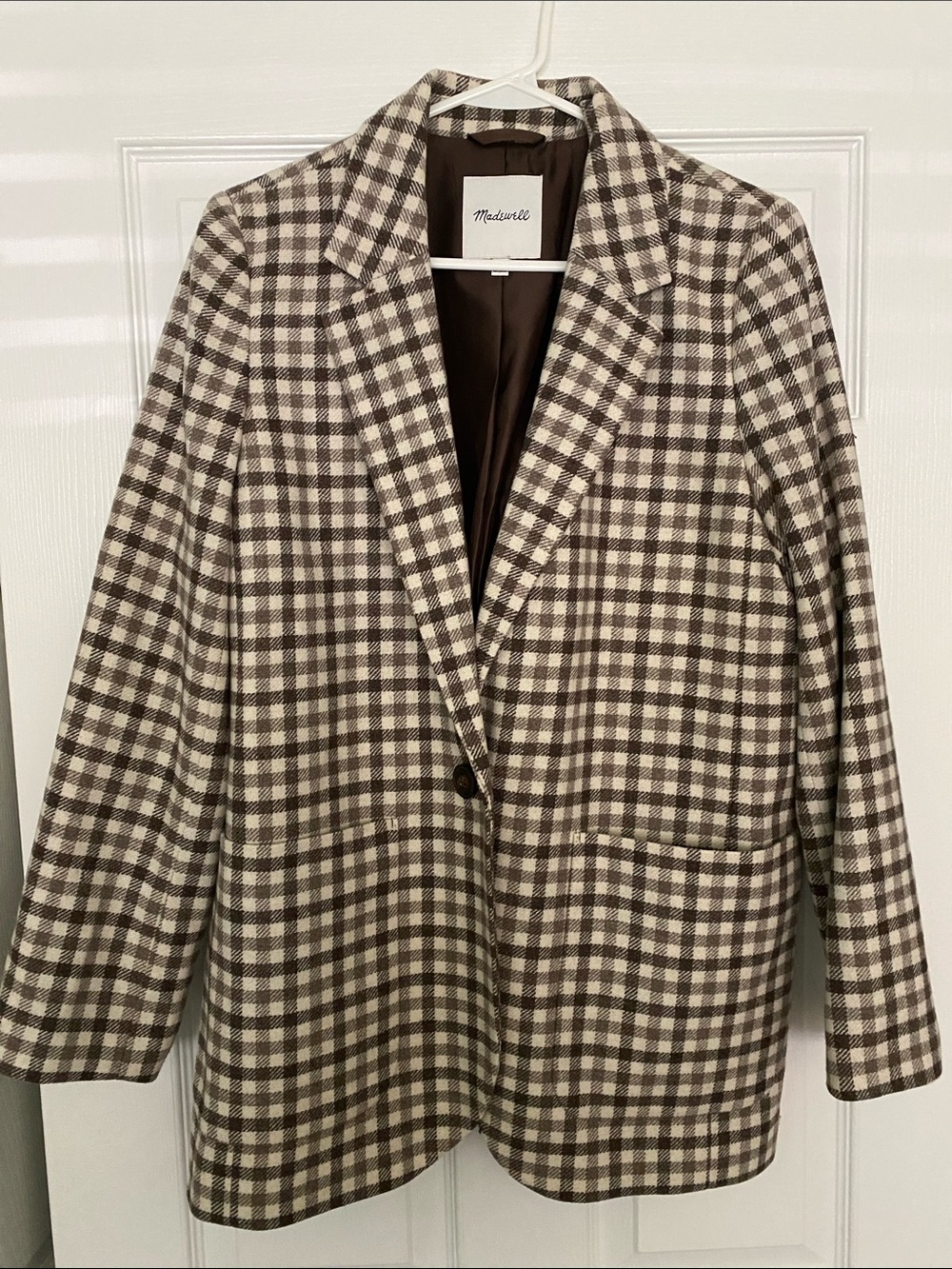 Madewell Larsen Blazer Undyed Wool Check Brown & Cream Plaid Single-Button $175 - Picture 3 of 13